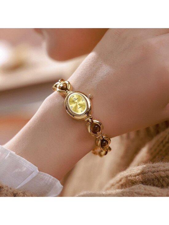 Women\'s Brown Gold Vintage Bracelet Elegant Jade Oval Dial Quartz Wrist Watch